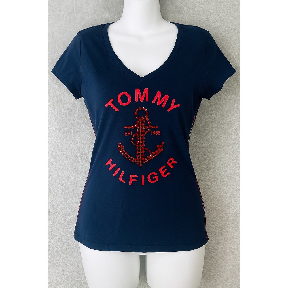 Tommy Hilfiger Womens V Neck T Shirt Top Anchor Red Sequin Logo Short Sleeve